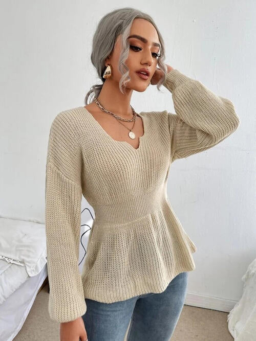 Shoulder Arm Knit Notched Dropped Top with Long Detail