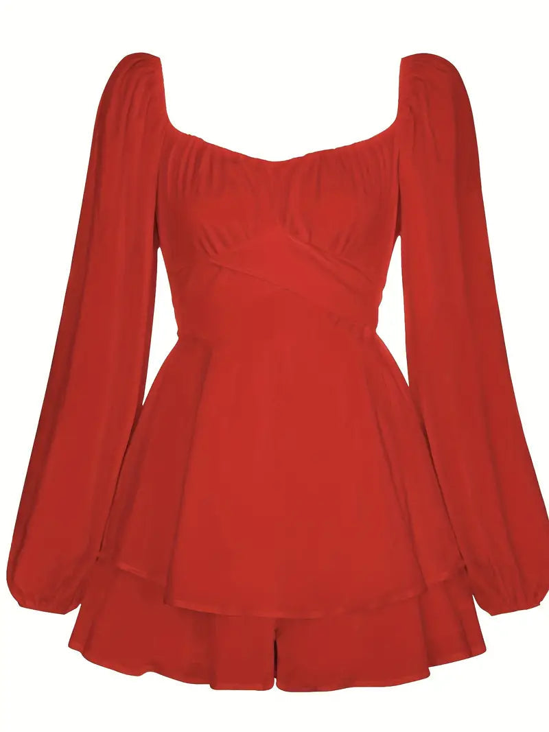 Red Long Sleeve Layered Dress with Tie Back and Ruffle Trim