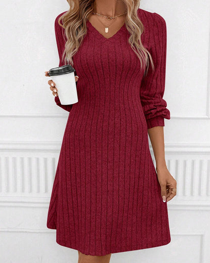 Ribbed V-neck Dress in Solid Color