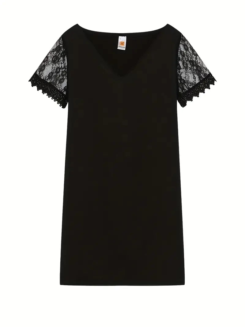 Short Sleeve Scallop Trim Lace Contrast Dress in Black