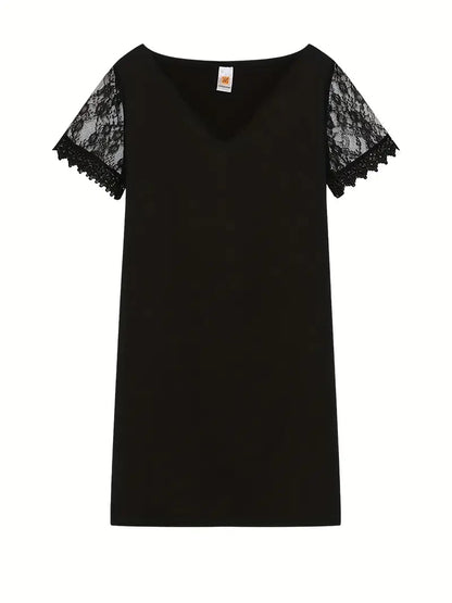 Short Sleeve Scallop Trim Lace Contrast Dress in Black