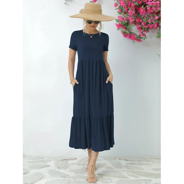 Tiered Maxi Beach Dress with Pockets - Short Sleeve