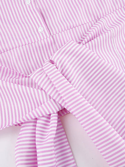 Striped Tie Waist Long Sleeve Blouse