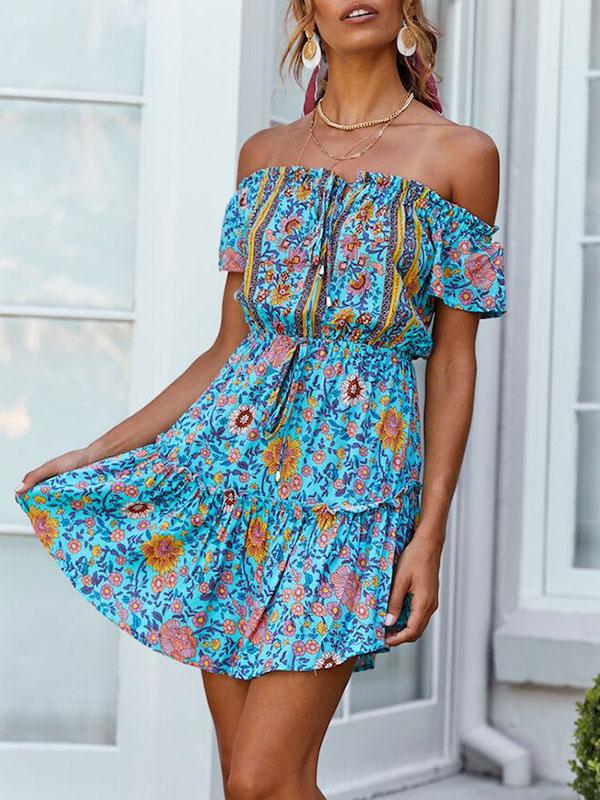 Summer Off-Shoulder Mini Dress with Print