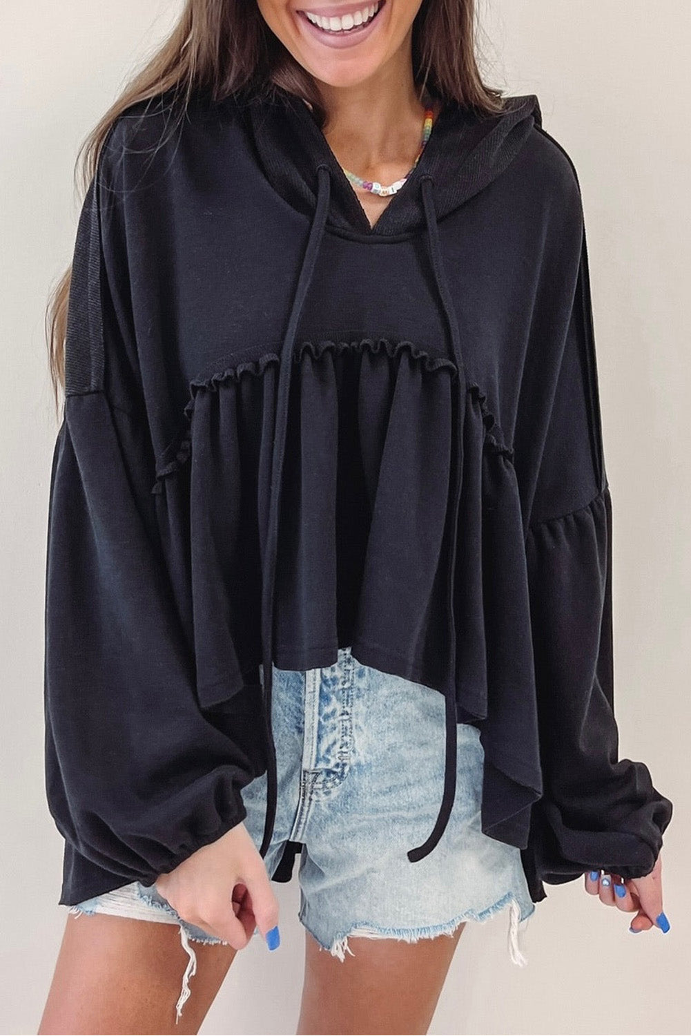 Black Drop Ruffled Oversized High Low Hem Shoulder Hoodie