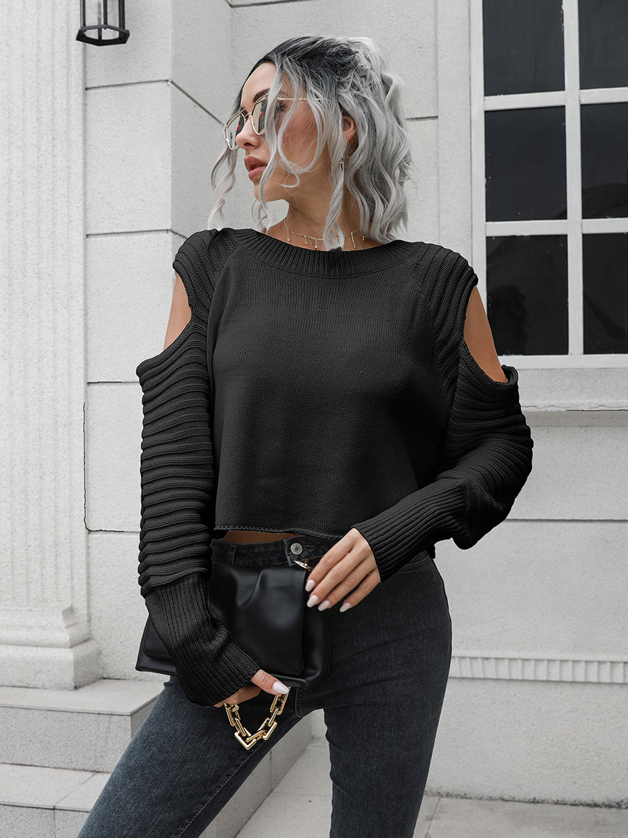 Ribbed Trim Cold-Shoulder Sweater