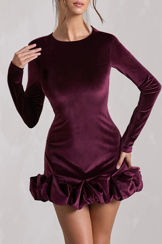 Velvet Pleated Hem Long Sleeve Party Dress