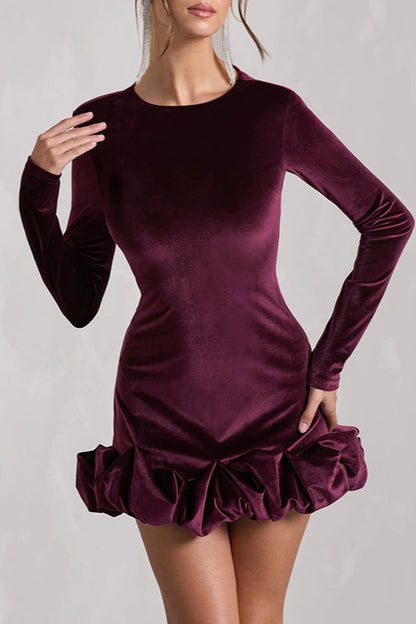 Velvet Pleated Hem Long Sleeve Party Dress