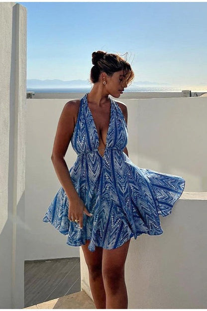 Sexy Backless Halter Floral Boho Dress
