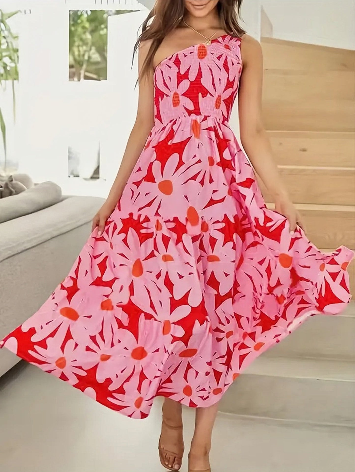 Red Floral One Shoulder Maxi Dress