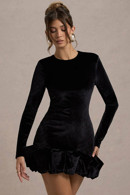 Velvet Pleated Hem Long Sleeve Party Dress