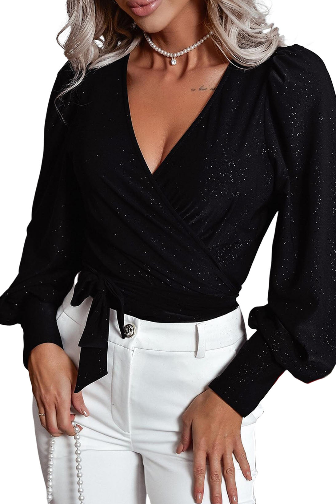 Arm Tie V Hem Black Glitter Neck Puff Wrap Top