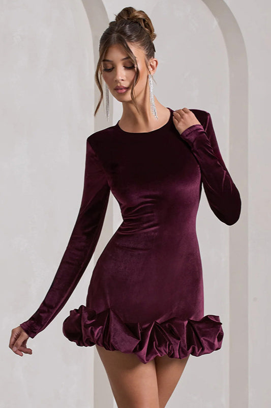 Velvet Pleated Hem Long Sleeve Party Dress