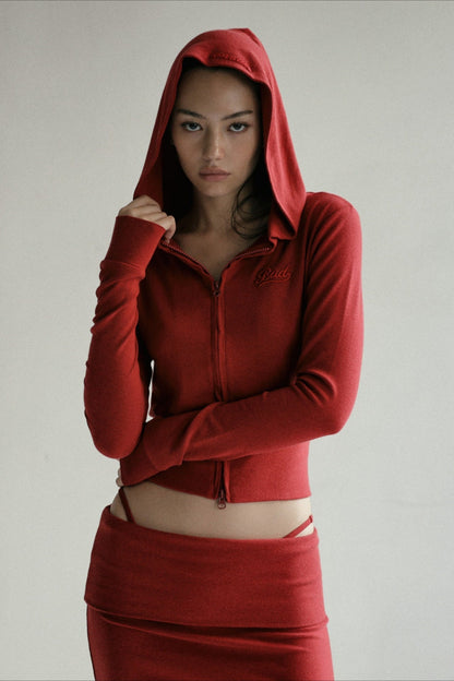 Zipper Cropped Embroidered Hoodie