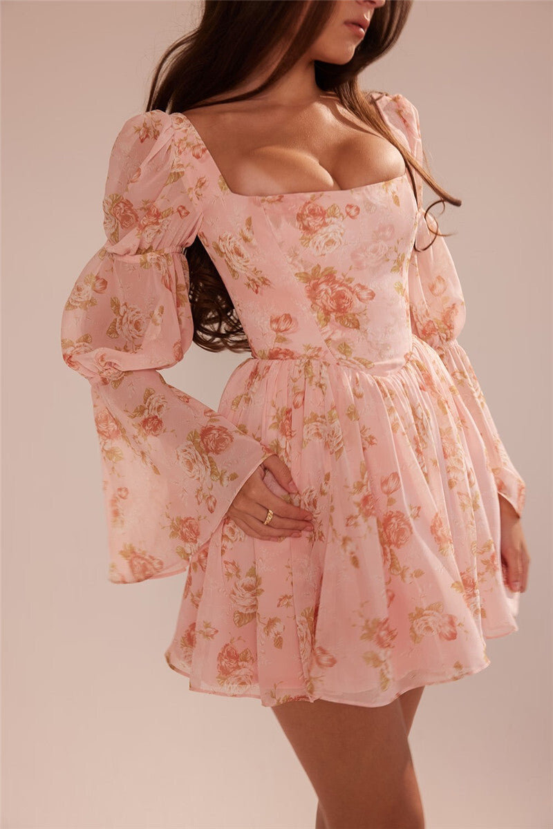 Pat Puff Sleeve Floral Print Sexy Mini Dress