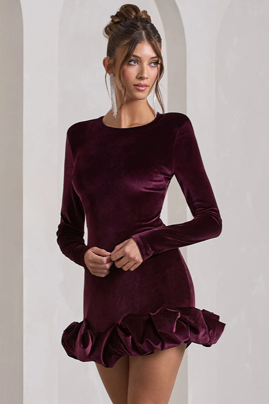Velvet Pleated Hem Long Sleeve Party Dress