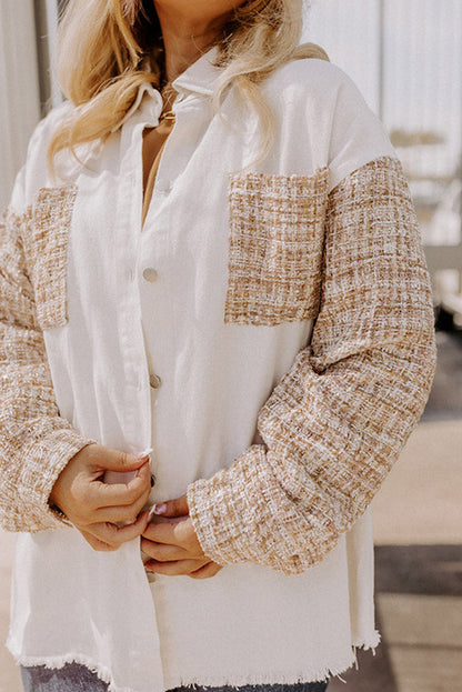 Raw Plus Tweed Size Down White Patchwork Blouse Hem Button Jacket