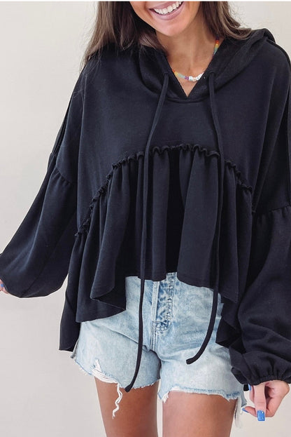 Black Drop Ruffled Oversized High Low Hem Shoulder Hoodie