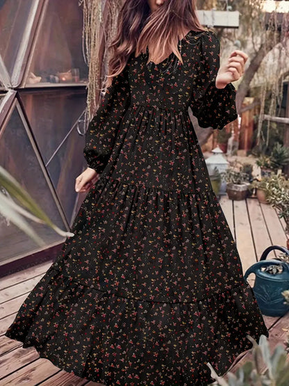 Boho Lantern Sleeve V Neck Tiered Floral Print Maxi Dress