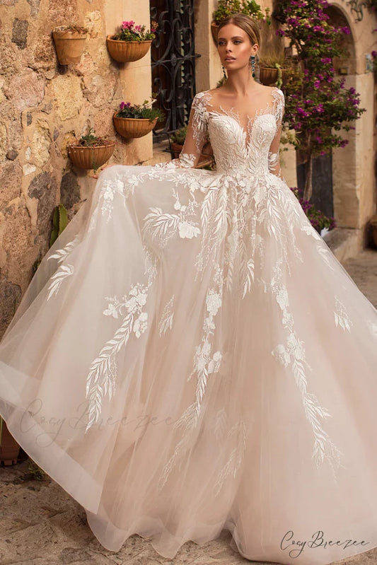 Abernathy Illusion Lace Trendy A-line Tulle Wedding Dress Champagne / 2