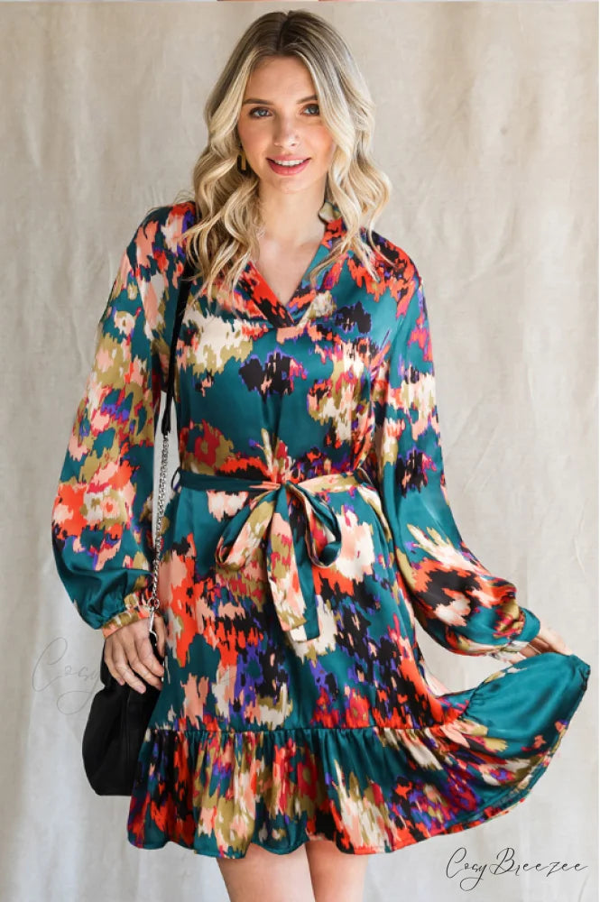 Abstract Belt Ruffled Patterned Dress S / green