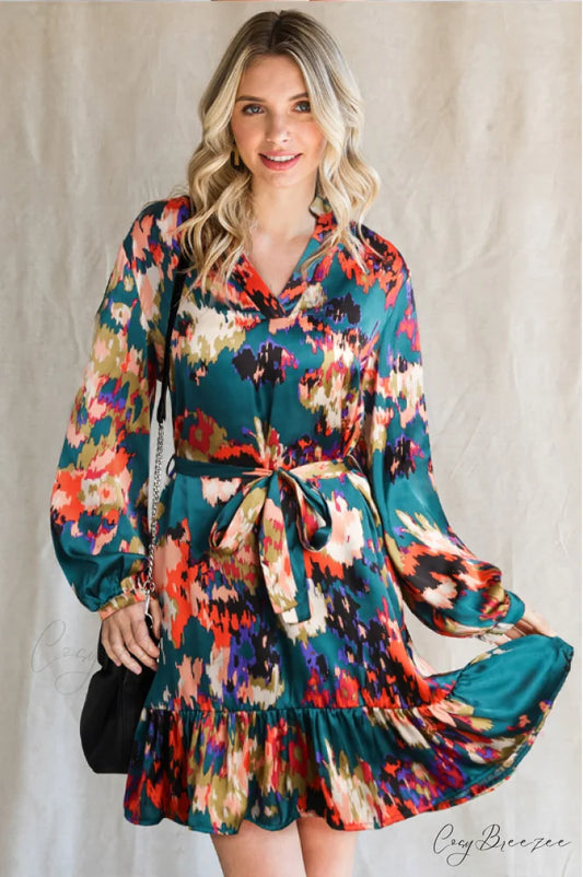 Abstract Belt Ruffled Patterned Dress S / green