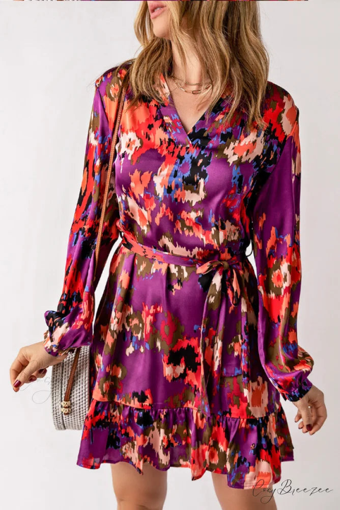 Abstract Belt Ruffled Patterned Dress S / purple