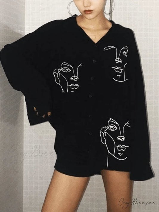 Abstract Face Mesh Trendy Long Sleeve Crop Top Black / S
