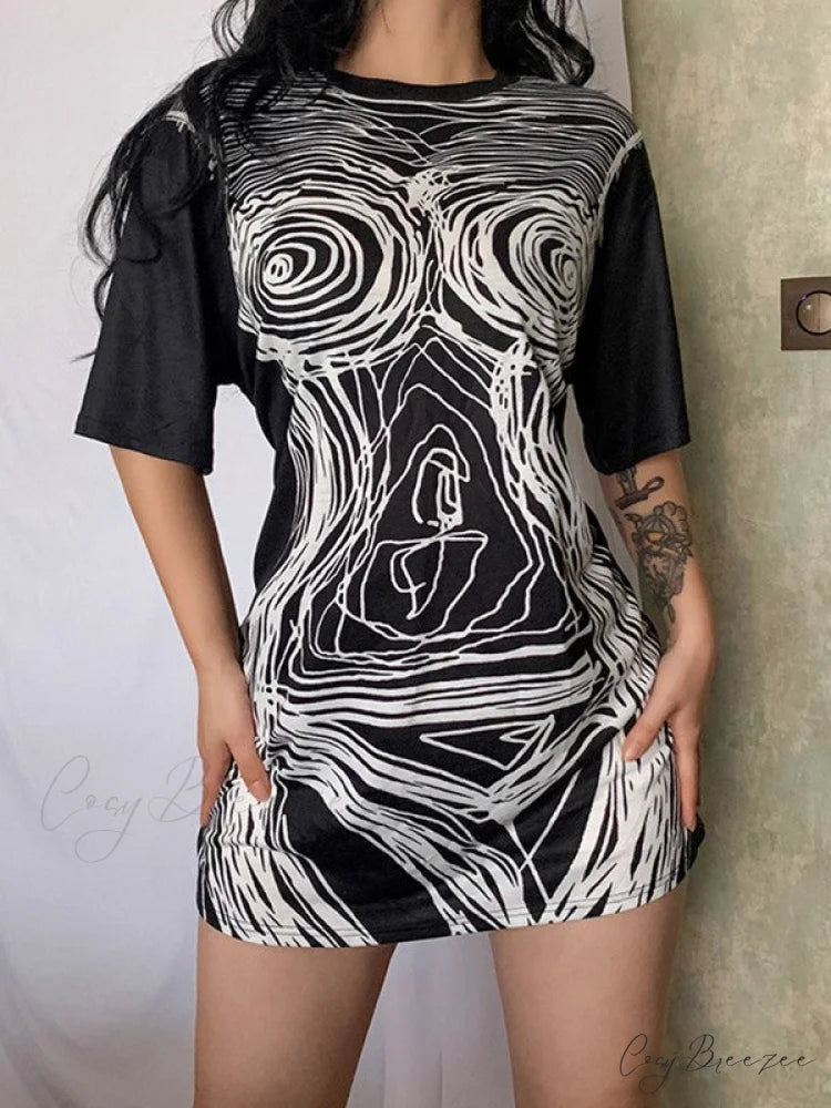 Abstract Face Print Trendy Long Sleeve Blouse Black / S