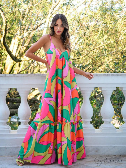 Abstract Print Spaghetti Strap Maxi Dress