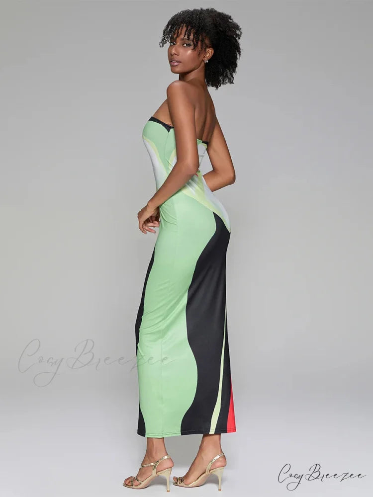 Abstract Print Strapless Side Split Dress floraldress-250126