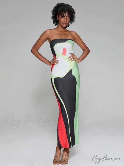 Abstract Print Strapless Side Split Dress Green / S floraldress-250126