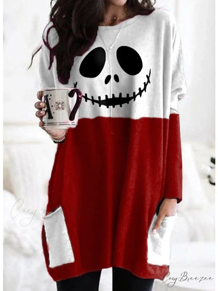Abstract Women’s Design Black Painting Shirts Round Neck Block White Halloween Long Tunic Plaid Weekend and for and Arm