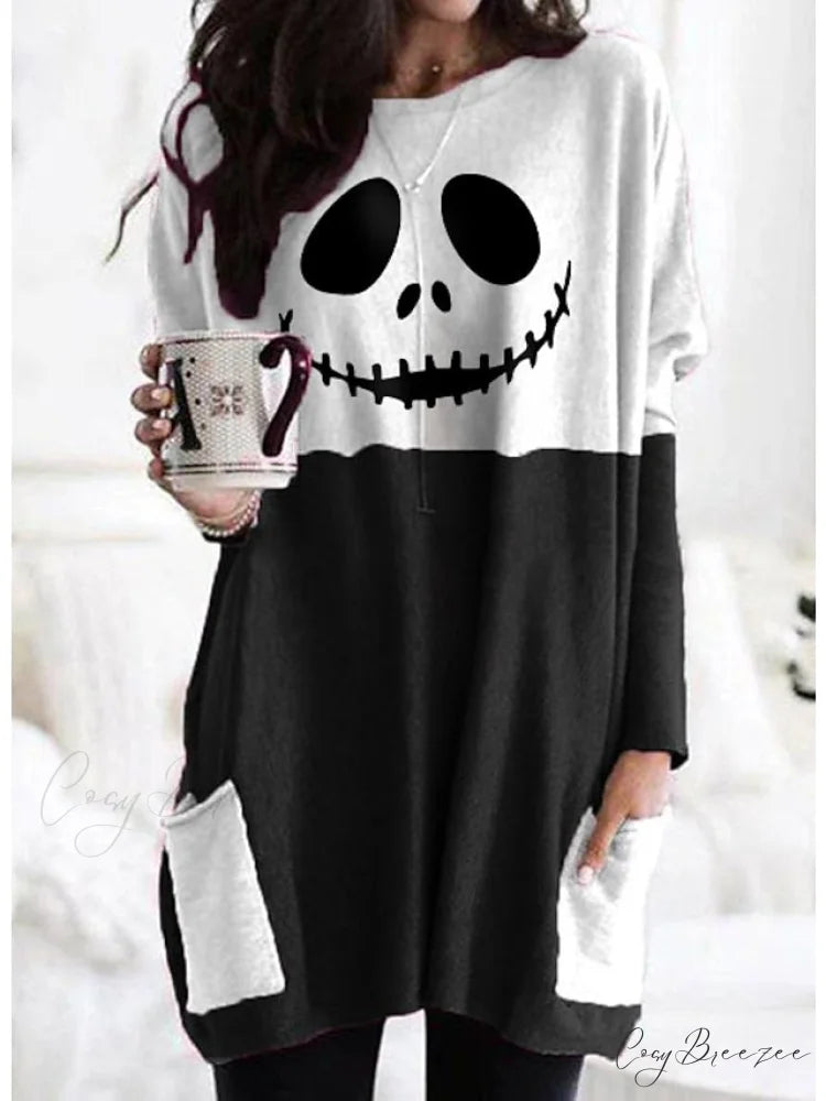 Abstract Women’s Design Black Painting Shirts Round Neck Block White Halloween Long Tunic Plaid Weekend and for and Arm