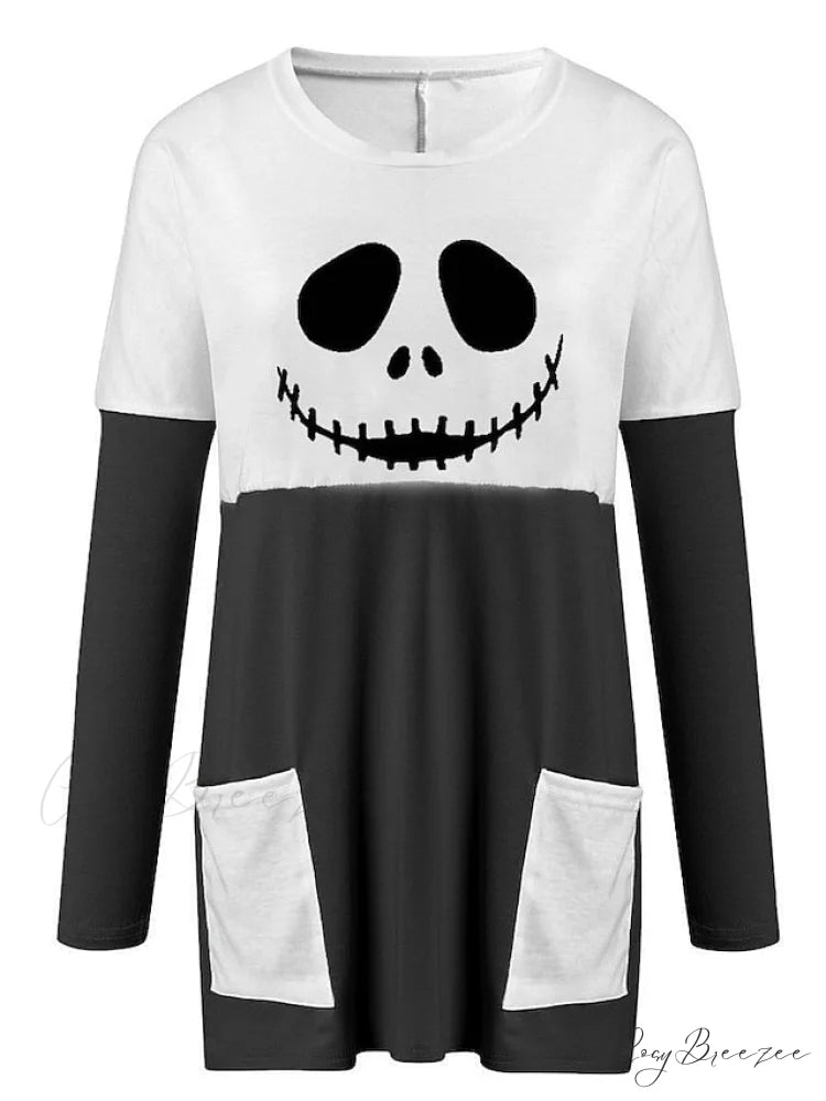 Abstract Women’s Design Black Painting Shirts Round Neck Block White Halloween Long Tunic Plaid Weekend and for and Arm