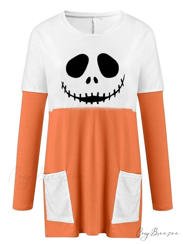 Abstract Women’s Design Black Painting Shirts Round Neck Block White Halloween Long Tunic Plaid Weekend and for and Arm