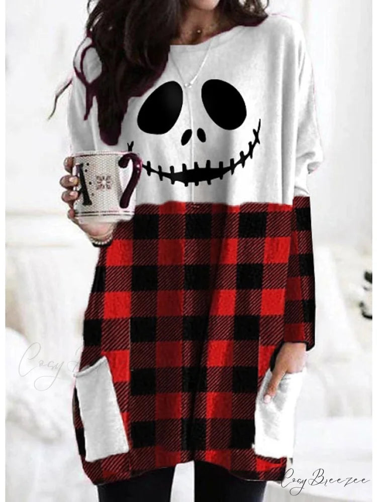 Abstract Women’s Design Black Painting Shirts Round Neck Block White Halloween Long Tunic Plaid Weekend and for and Arm