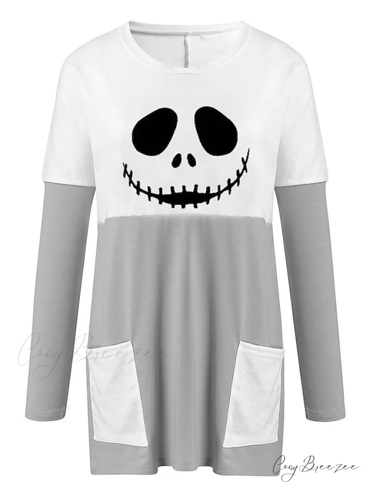 Abstract Women’s Design Black Painting Shirts Round Neck Block White Halloween Long Tunic Plaid Weekend and for and Arm