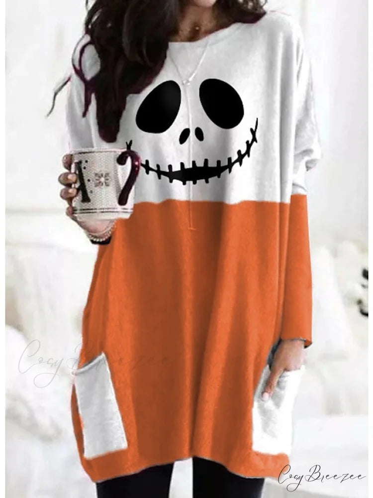 Abstract Women’s Design Black Painting Shirts Round Neck Block White Halloween Long Tunic Plaid Weekend and for and Arm