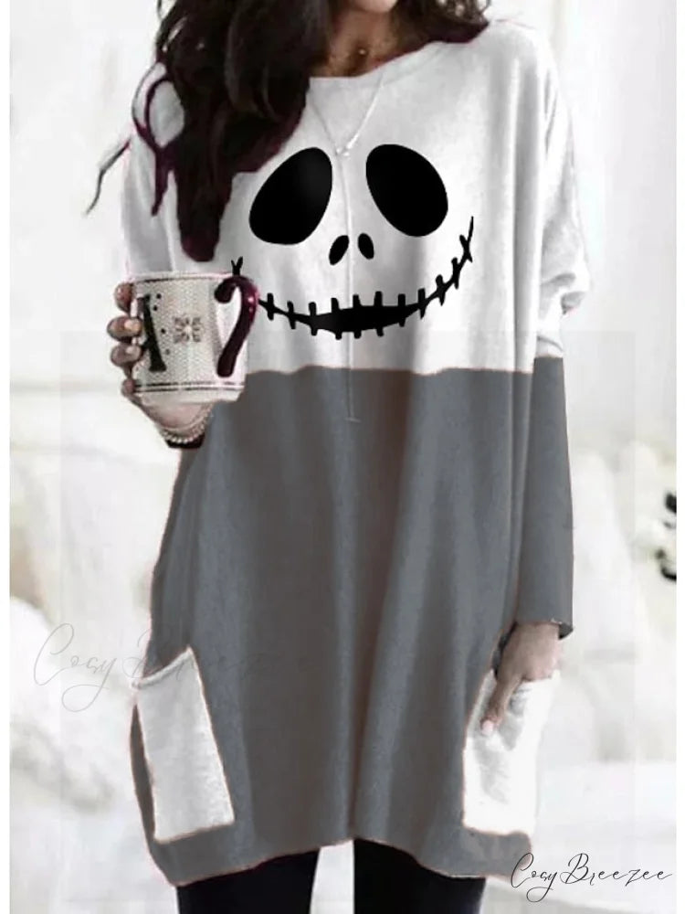 Abstract Women’s Design Black Painting Shirts Round Neck Block White Halloween Long Tunic Plaid Weekend and for and Arm