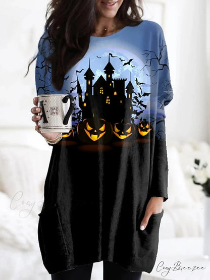 Abstract Women’s Design Black Painting Shirts Round Neck Block White Halloween Long Tunic Plaid Weekend and for and Arm