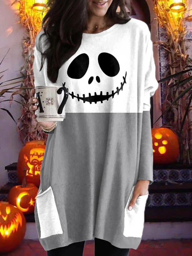 Abstract Women’s Design Black Painting Shirts Round Neck Block White Halloween Long Tunic Plaid Weekend and for and Arm
