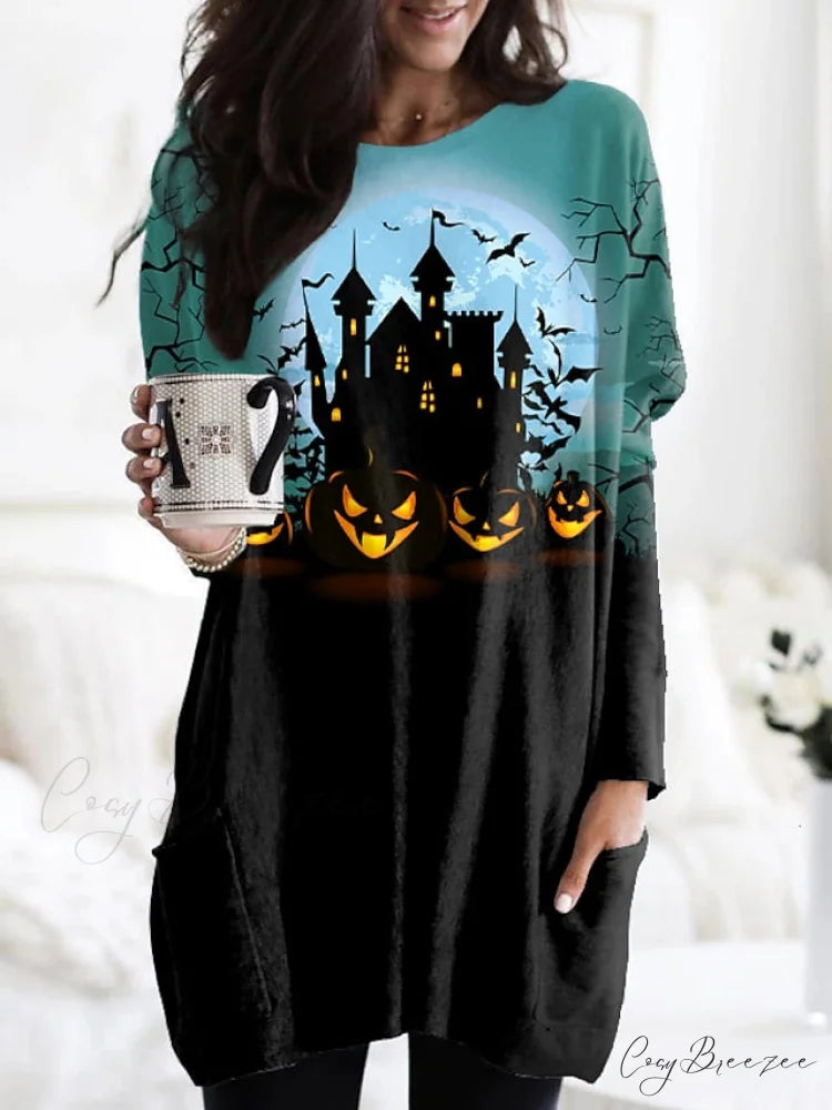 Abstract Women’s Design Black Painting Shirts Round Neck Block White Halloween Long Tunic Plaid Weekend and for and Arm