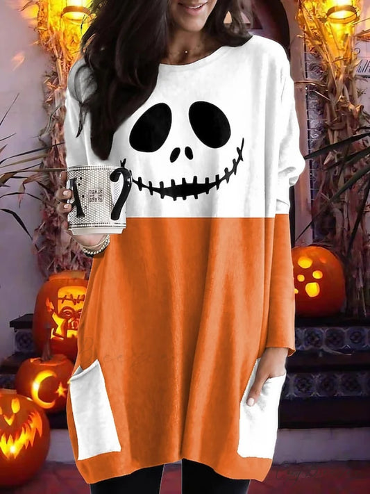 Abstract Women’s Design Black Painting Shirts Round Neck Block White Halloween Long Tunic Plaid Weekend and for and Arm