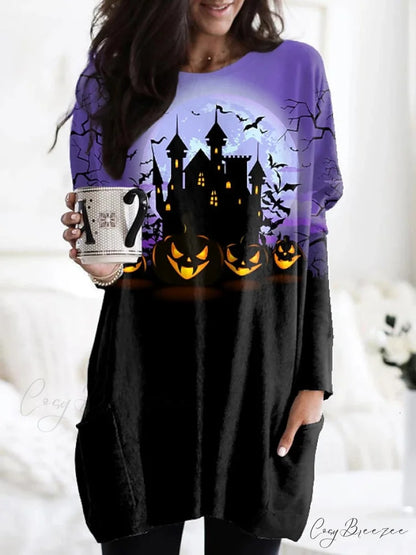 Abstract Women’s Design Black Painting Shirts Round Neck Block White Halloween Long Tunic Plaid Weekend and for and Arm