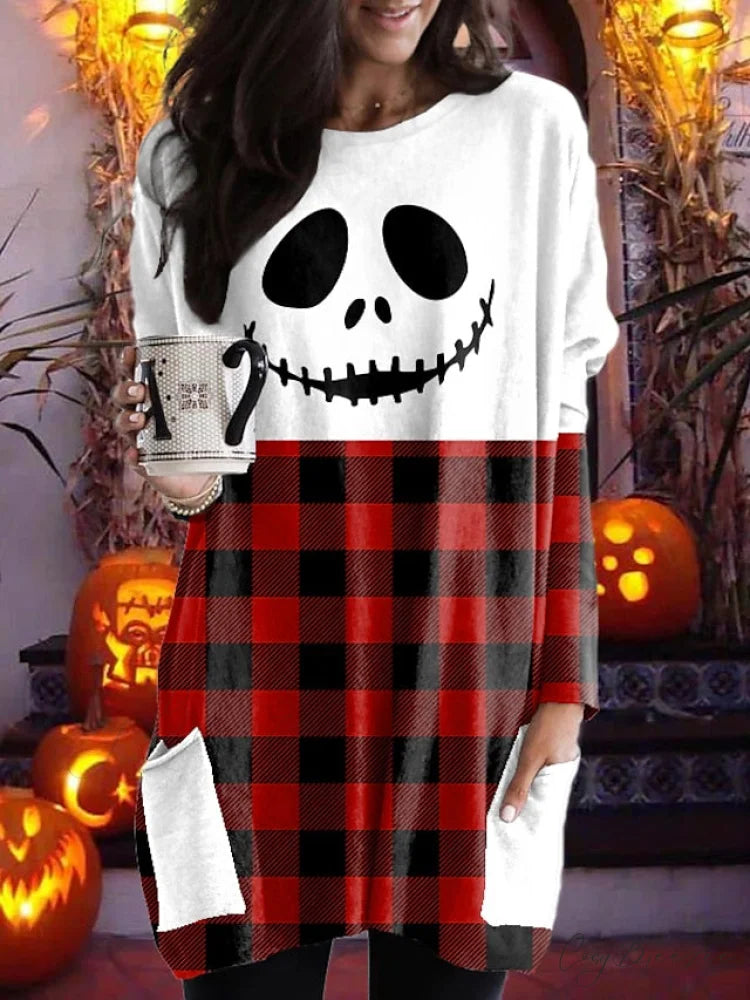 Abstract Women’s Design Black Painting Shirts Round Neck Block White Halloween Long Tunic Plaid Weekend and for and Arm