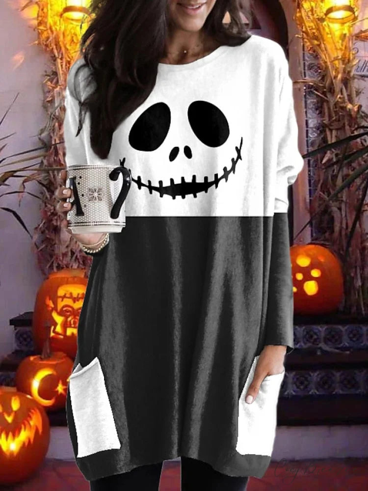 Abstract Women’s Design Black Painting Shirts Round Neck Block White Halloween Long Tunic Plaid Weekend and for and Arm
