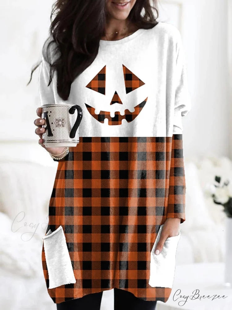 Abstract Women’s Design Black Painting Shirts Round Neck Block White Halloween Long Tunic Plaid Weekend and for and Arm