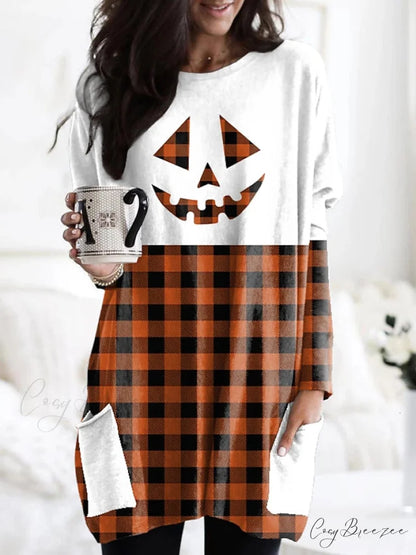 Abstract Women’s Design Black Painting Shirts Round Neck Block White Halloween Long Tunic Plaid Weekend and for and Arm