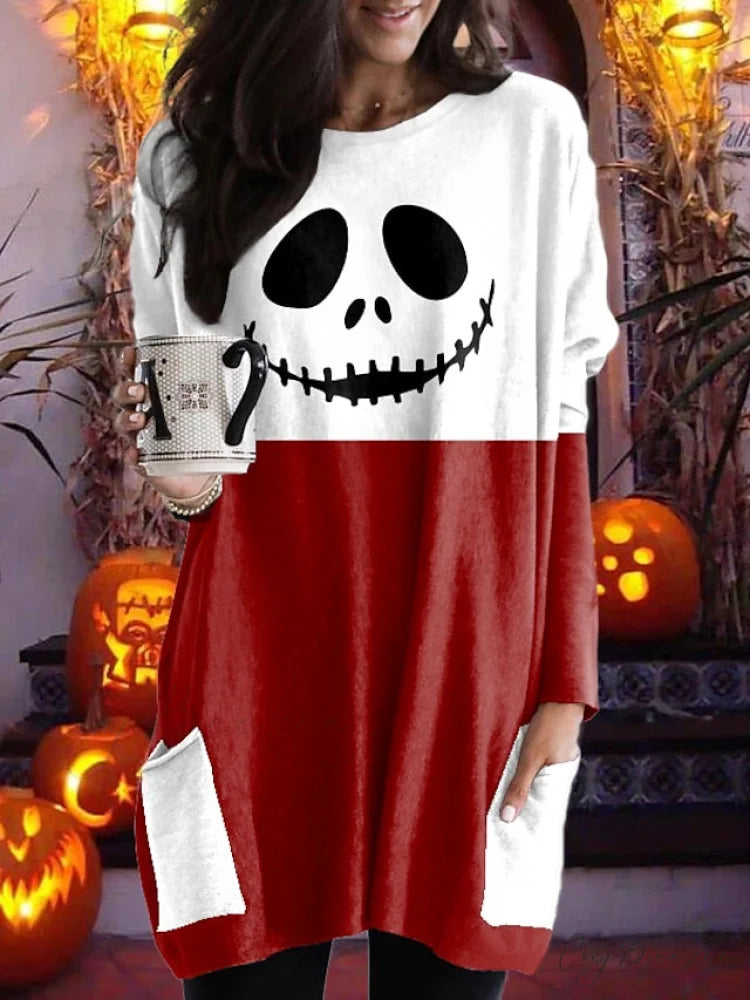 Abstract Women’s Design Black Painting Shirts Round Neck Block White Halloween Long Tunic Plaid Weekend and for and Arm
